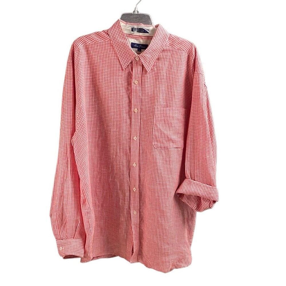 ALAN FLUSSER Men’s Linen Long Sleeve Dress Shirt Checkered Sz XL Reddish Orange